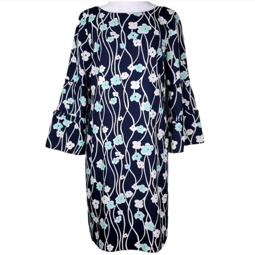 Talbots Blossom Blue Floral Pattern Shift Dress With Bell Sleeves. Size 12P. - Picture 4 of 9